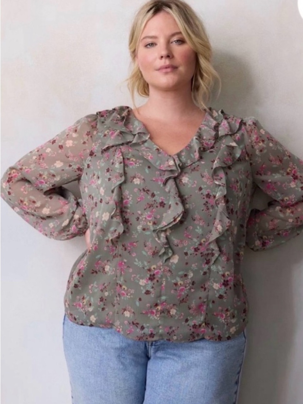 NEW…LC Lauren Conrad Floral Ruffle V-Neck Blouse